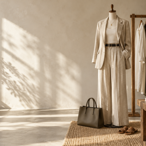 Neutral linen outfit and curated accessories in a sunlit boutique studio