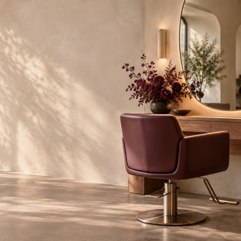 Calm beauty studio with a sculptural salon chair and warm natural light